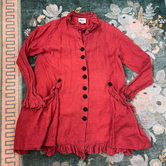 Taylor G Linen Jacket Womens Small Red Button Front Ruffle Trim Lagenlook Coat - Picture 6 of 13